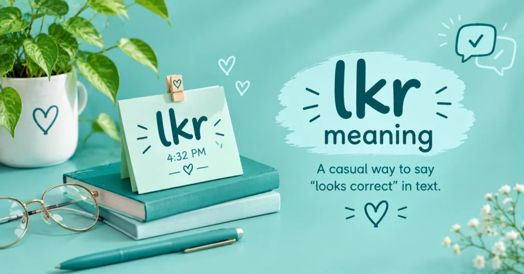 LKR meaning explained with stacked books, a handwritten LKR note, glasses, and a teal desk setup.
