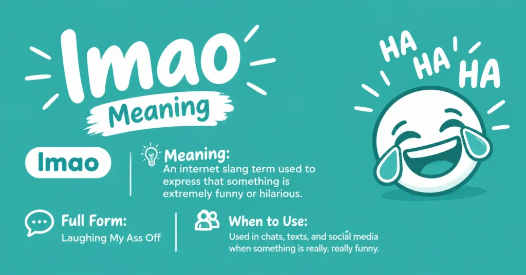 “LMAO meaning infographic on a teal background, explaining that LMAO means Laughing My Ass Off and is used for something extremely funny.”