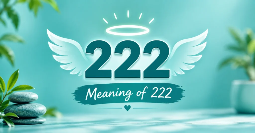 Meaning of 222 angel number with glowing wings and halo in a teal spiritual infographic.