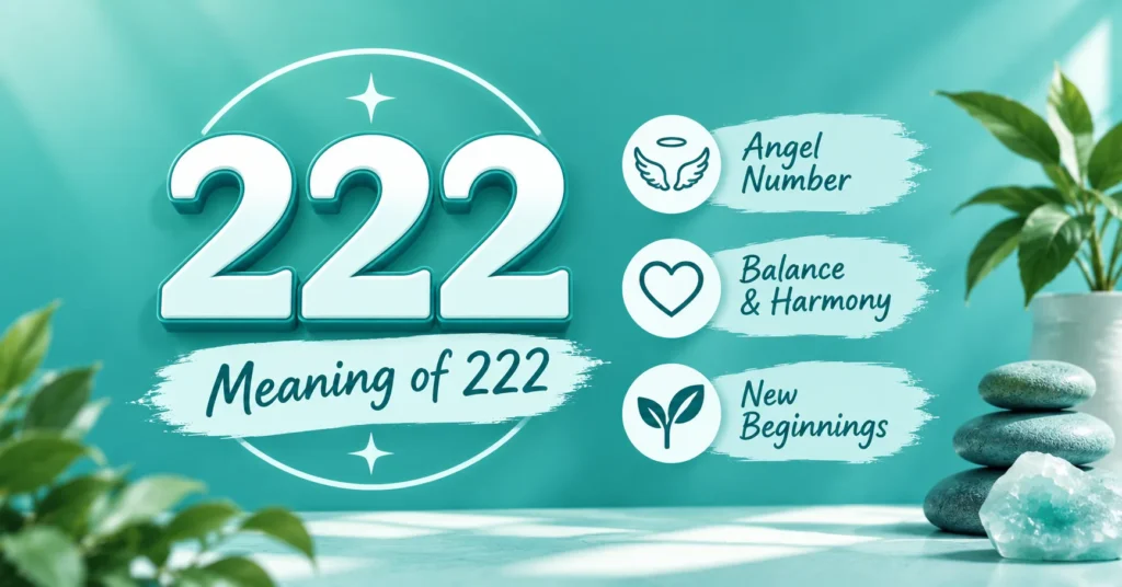 Meaning of 222 showing angel number, balance and harmony, and new beginnings in a teal infographic.