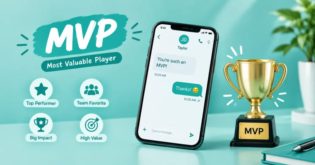 MVP meaning infographic featuring a smartphone conversation, gold trophy, and Most Valuable Player concept in a teal modern layout.