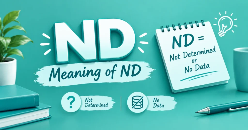 ND meaning infographic showing “Not Determined” and “No Data” with a notebook and teal background.