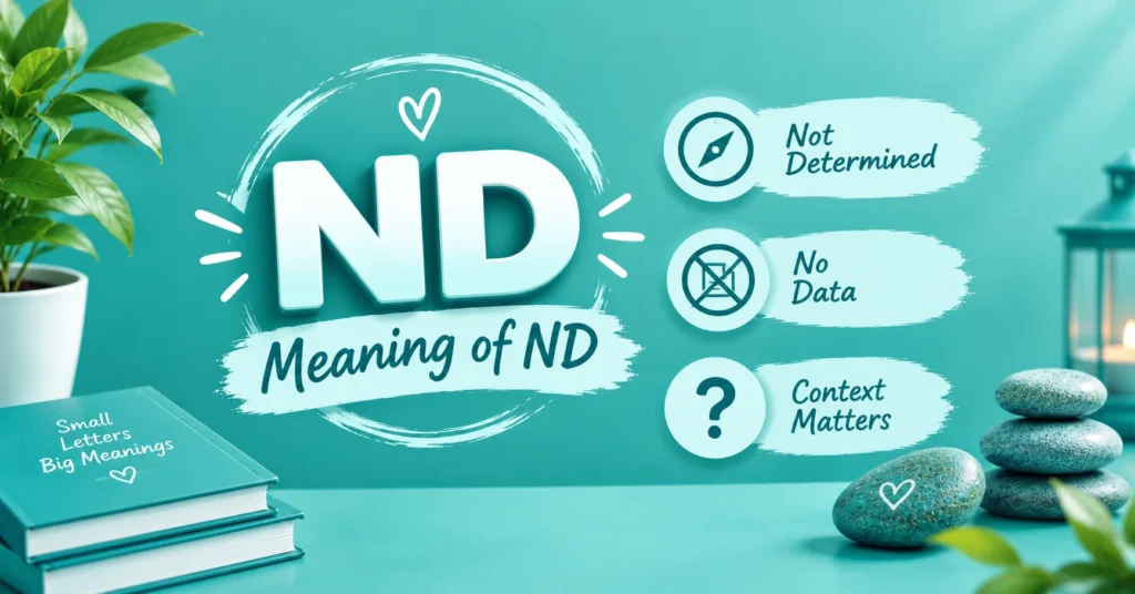 ND meaning infographic highlighting “Not Determined,” “No Data,” and “Context Matters” with modern teal illustrations.