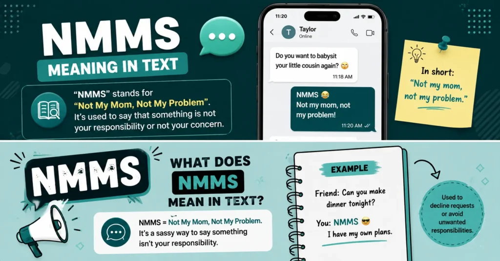 NMMS texting slang graphic showing how the phrase “Not My Mom, Not My Problem” is used to dismiss responsibility casually.