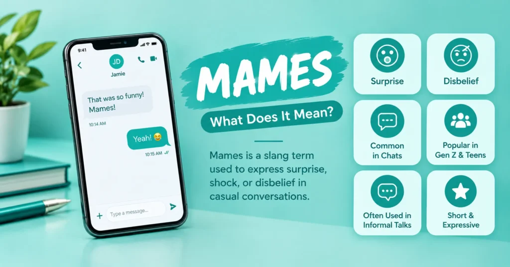 Mames meaning explained with a smartphone chat, surprise and disbelief icons, and a teal infographic showing common slang usage.