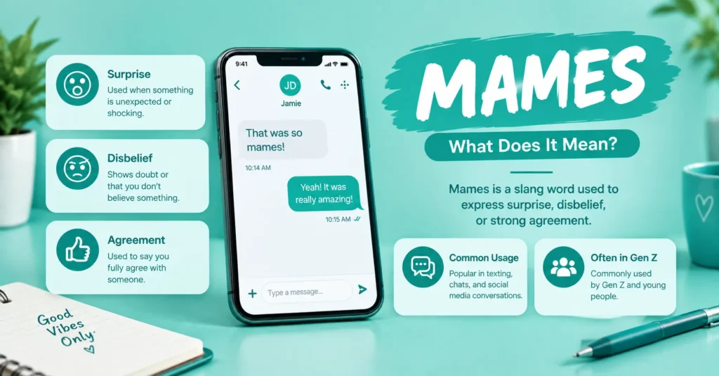 Mames meaning infographic featuring a smartphone conversation, expressive icons, and simple explanations of surprise, disbelief, agreement, and chat usage.