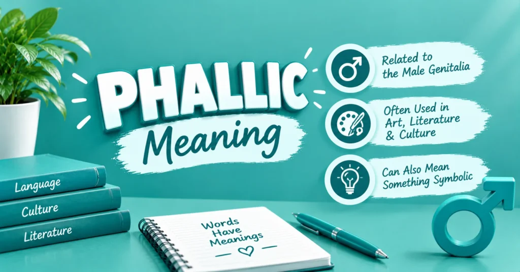 Phallic meaning infographic explaining its connection to male genitalia, art, literature, culture, and symbolic meanings in a teal design.
