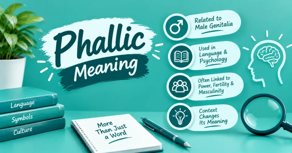 Phallic meaning infographic showing its use in language and psychology, links to power and masculinity, and how context affects meaning.