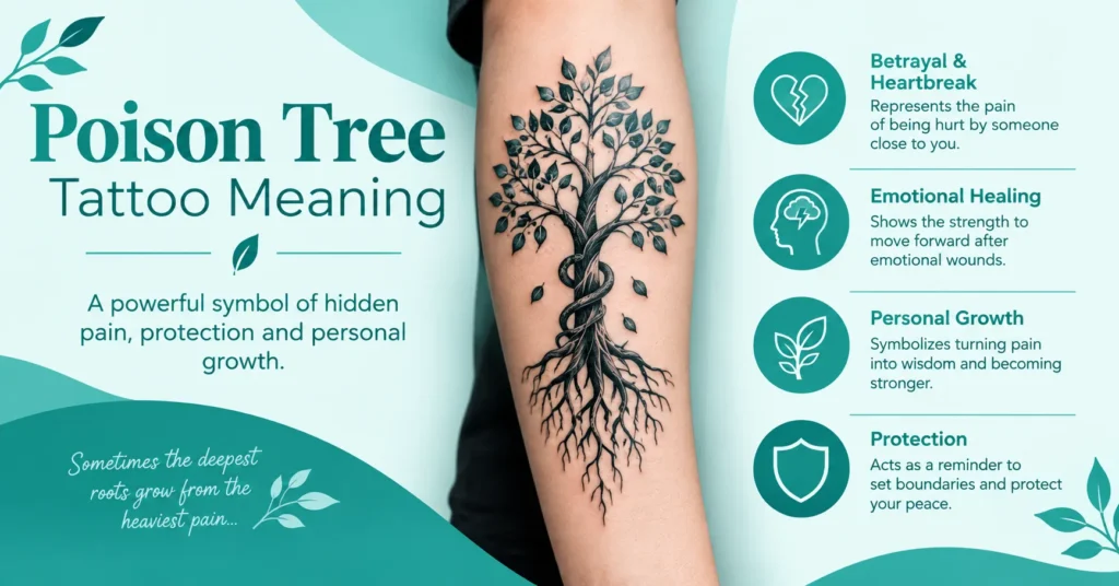 Poison tree tattoo meaning infographic featuring a tree tattoo and symbols of heartbreak, emotional healing, personal growth, and protection