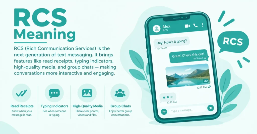 RCS meaning text message explained with smartphone chat, read receipts, typing indicators and media sharing
