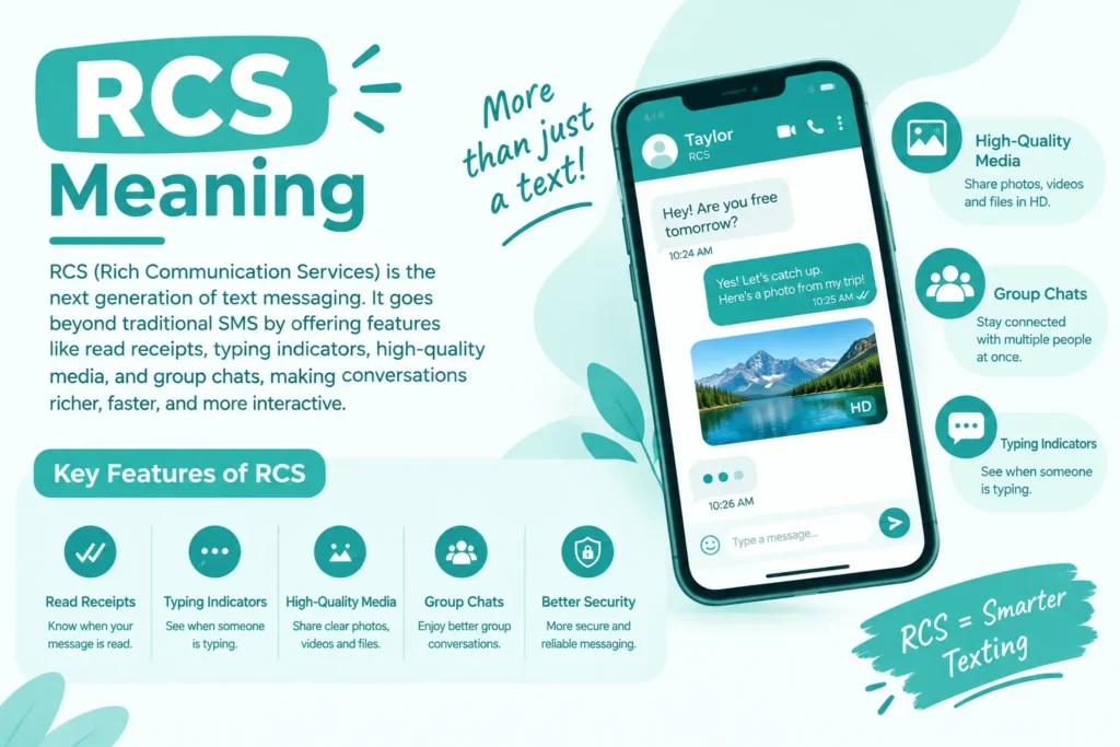 RCS meaning text message infographic showing RCS features, group chats, high-quality media and smarter texting