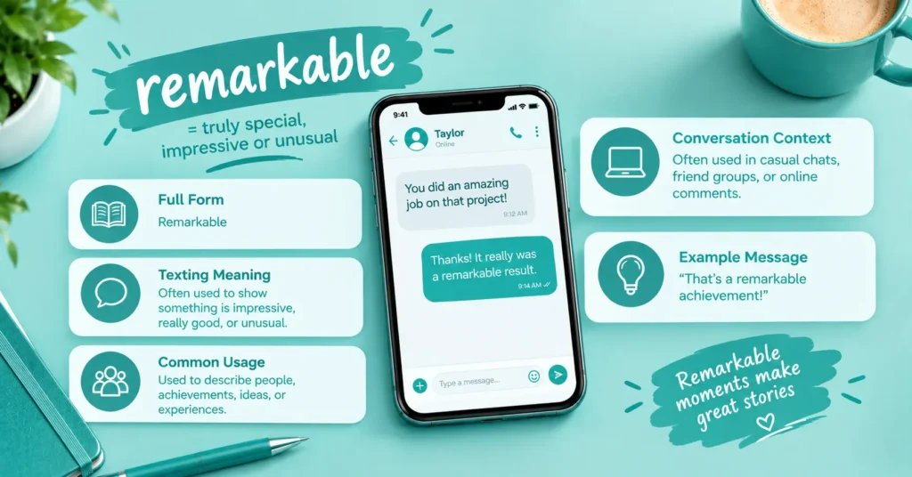 Remarkable meaning infographic with a smartphone chat, teal design, and cards explaining the word’s meaning, texting use, common usage, conversation context, and example message.