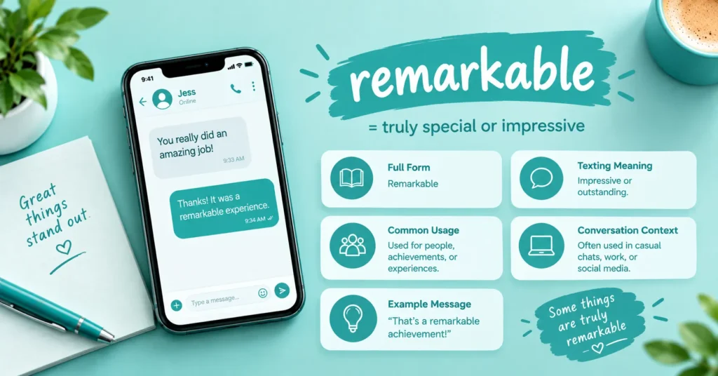 Remarkable meaning graphic showing a smartphone conversation, notebook, plant, and a simple definition of remarkable as truly special or impressive.