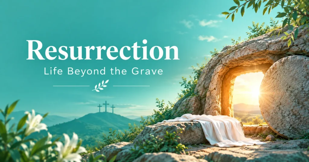 Resurrection meaning illustrated with an open stone tomb, rolled-away stone, white burial cloth, and warm sunrise symbolizing life beyond the grave.