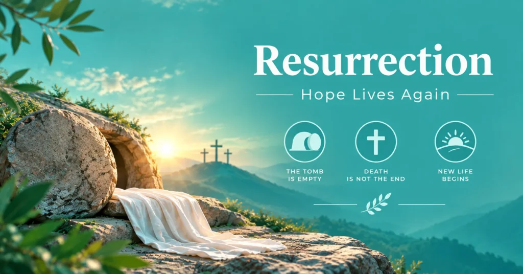 Resurrection meaning infographic showing an empty tomb, crosses, sunrise, and the message of hope, death not being the end, and new life.
