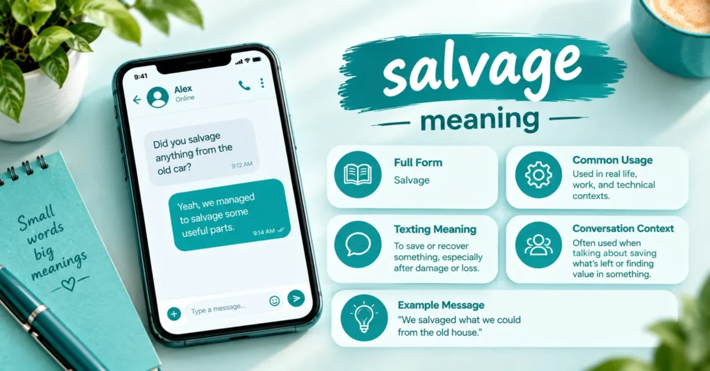 Salvage meaning infographic showing a smartphone chat and simple cards explaining salvage as saving or recovering something from damage or loss.
