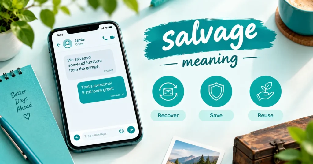 Salvage meaning graphic with a smartphone conversation and minimalist icons representing recovery, saving, and reuse in a teal-themed design.
