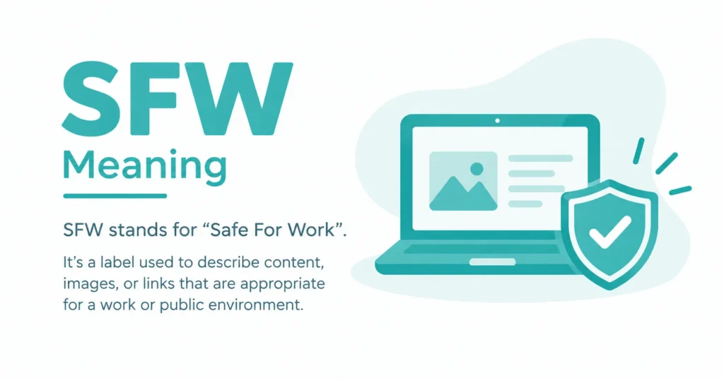 SFW meaning – Safe For Work content explained with laptop and shield illustration