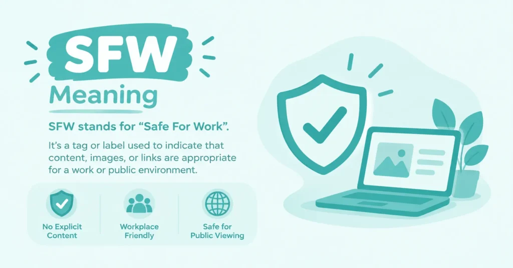 SFW meaning – Safe For Work definition with workplace-friendly content and shield illustration