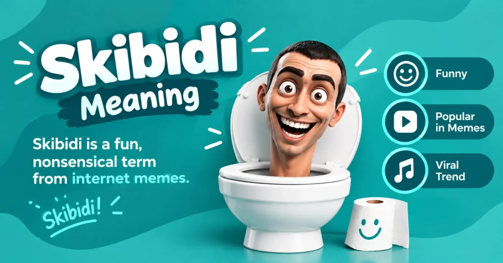 Skibidi meaning infographic showing a funny meme character, humor, and viral internet trend