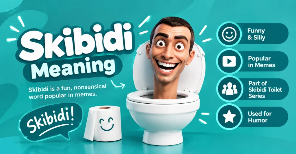 Skibidi meaning graphic featuring a playful toilet character and popular internet meme icons