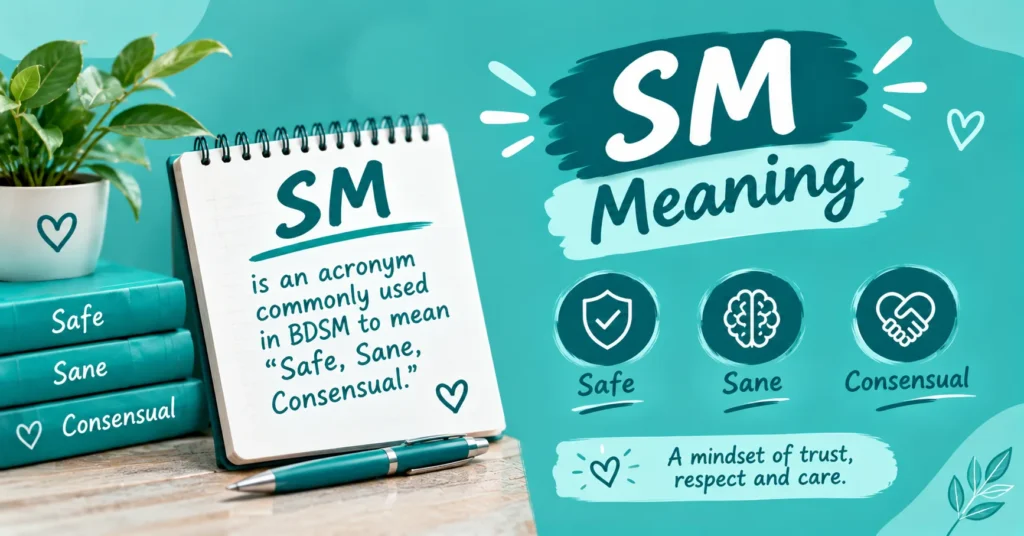 SM meaning infographic explaining “Safe, Sane, Consensual” with shield, brain, and handshake icons in a teal design.