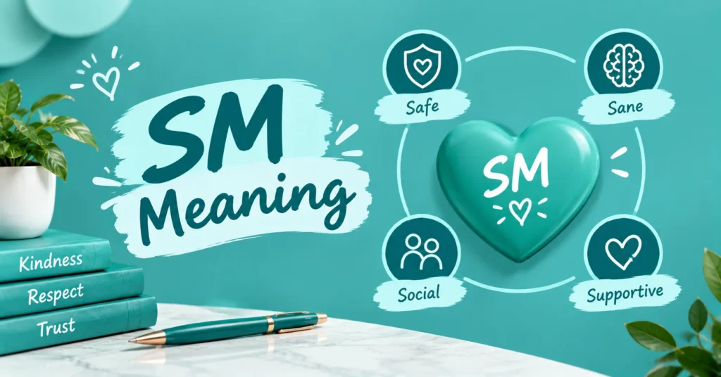 SM meaning infographic featuring a teal heart and simple icons representing safe, sane, social, and supportive concepts