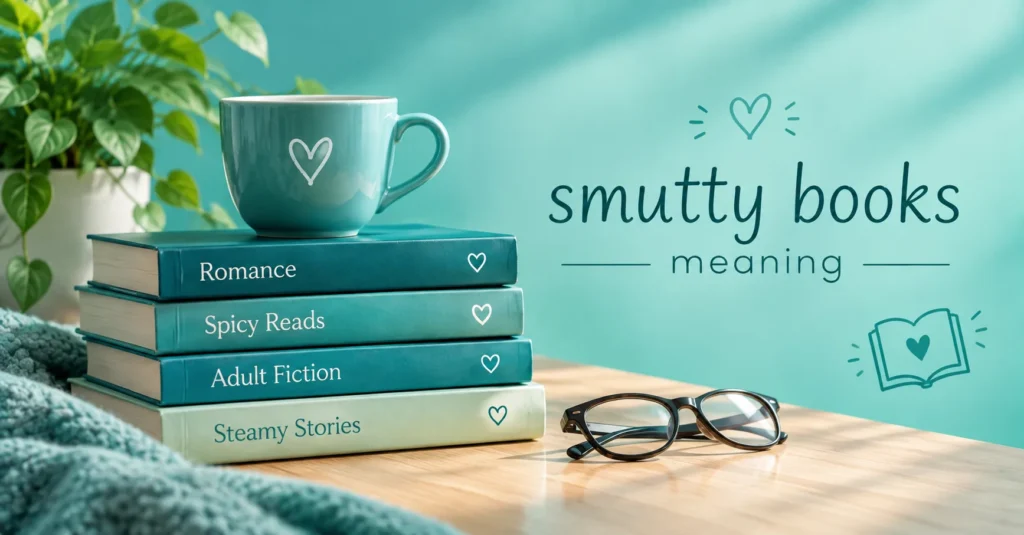 Smutty books meaning with romance books, a cozy mug, and a bookish teal background.