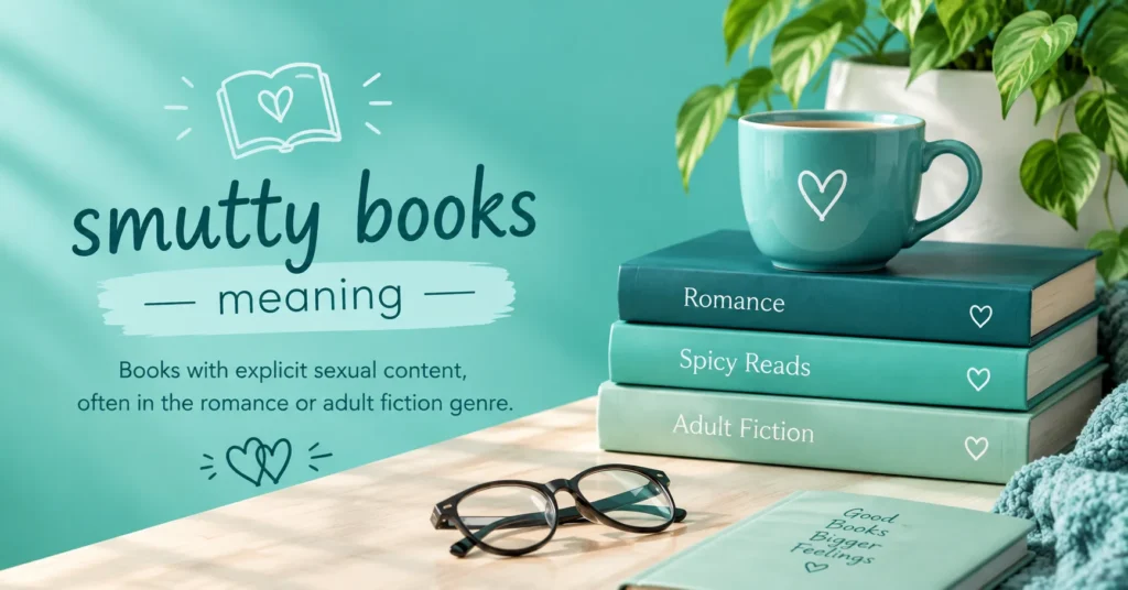 Smutty books meaning explained with stacked romance books, an open book icon, and a teal reading-themed design.
