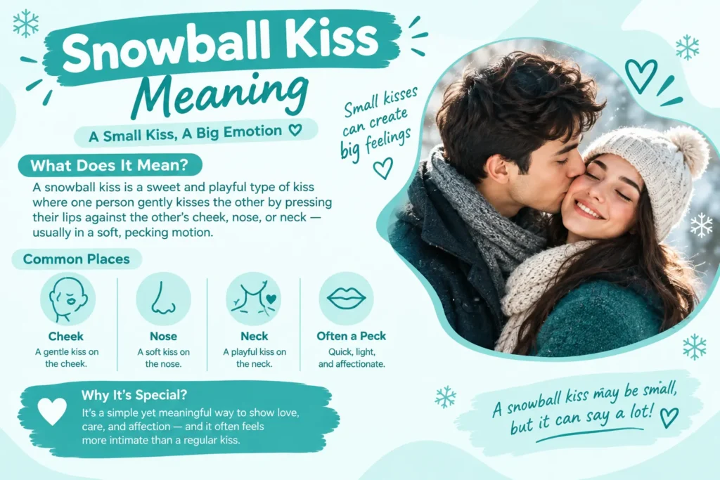 Snowball kiss meaning explained with a romantic winter couple and affectionate kiss illustration