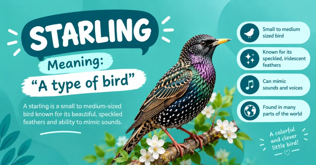 Starling meaning infographic showing a starling bird, its glossy spotted feathers, sound-mimicking ability, and worldwide distribution.
