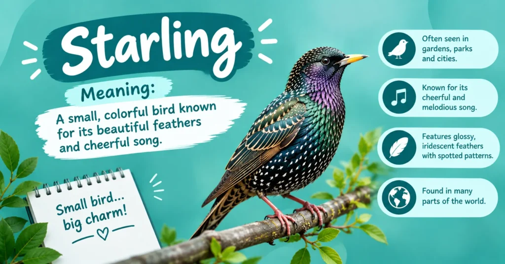 Starling meaning graphic featuring a colorful starling bird with information about its song, habitat, iridescent feathers, and global presence.