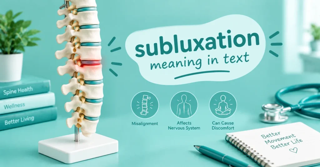 Subluxation meaning infographic showing spinal misalignment, a highlighted vertebra, and wellness icons in a teal medical design.