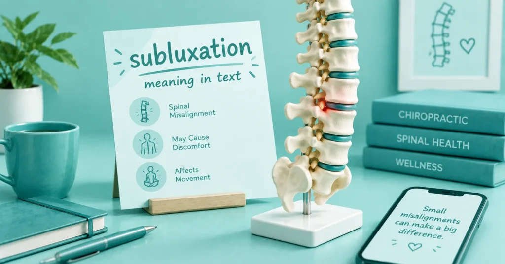 Subluxation meaning infographic featuring a spine model, explanatory card, chiropractic books, and a smartphone in a teal health-themed setting.