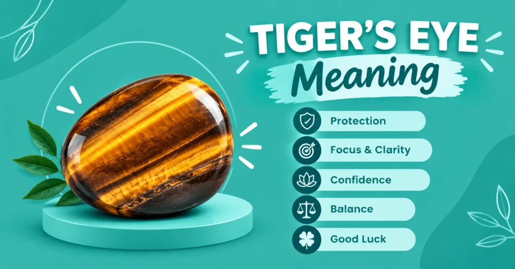 Tiger’s Eye meaning infographic featuring a polished golden-brown tiger’s eye gemstone with labels for protection, focus, confidence, balance, and good luck on a teal background.