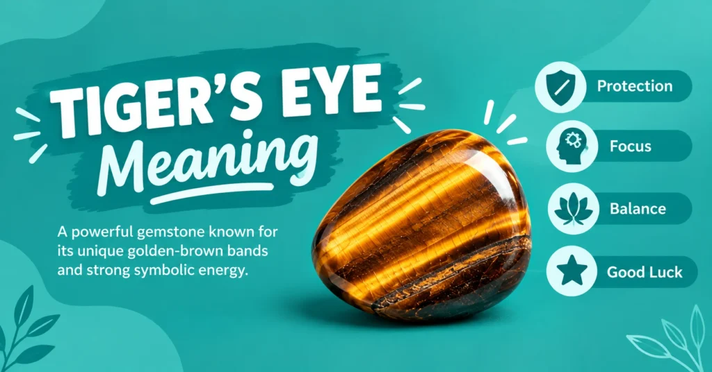 Tiger’s Eye meaning graphic showing a glossy golden-brown gemstone with protection, focus, balance, and good luck symbols on a modern teal background.