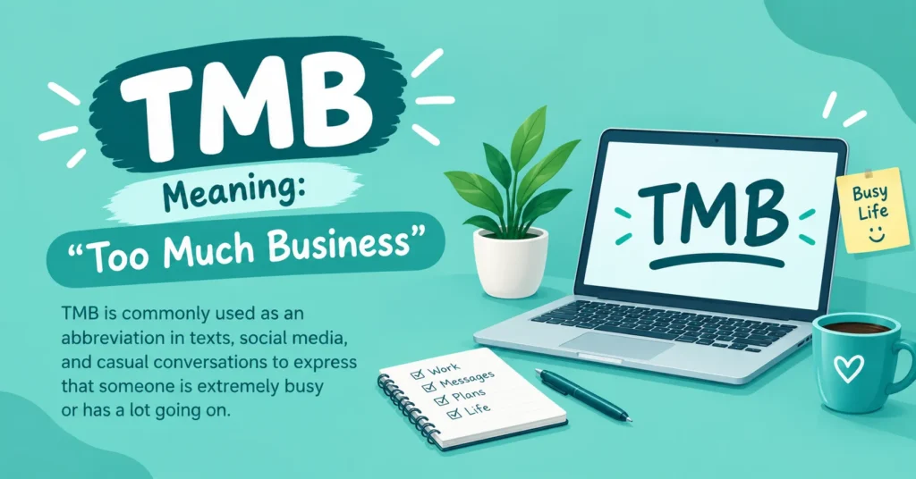 TMB meaning graphic explaining the abbreviation “Too Much Business” with a laptop, busy life note, notebook, and workspace illustration.