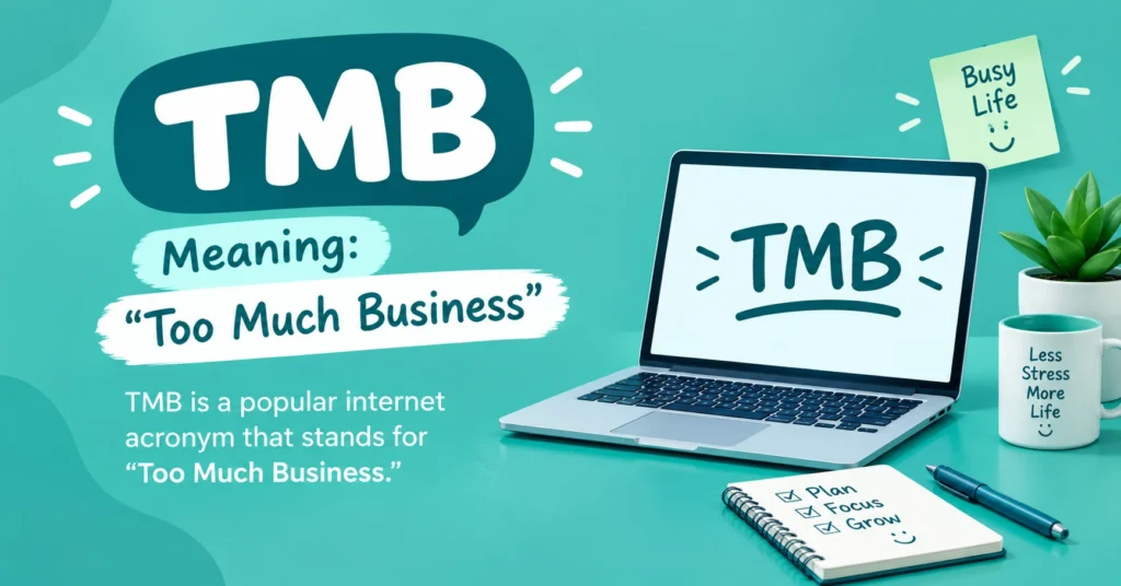 TMB meaning infographic showing “Too Much Business” and its use in texts, social media, and casual conversations.