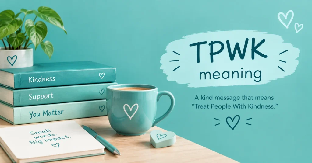 TPWK meaning explained with kindness-themed books, a heart mug, and a teal reading setup.