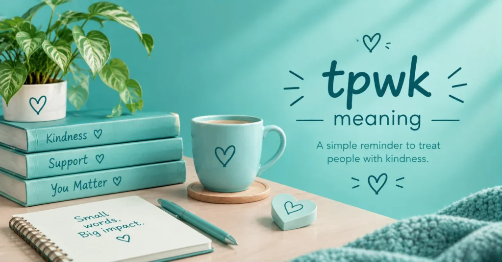 TPWK meaning infographic featuring a cozy book, heart accents, and a pastel teal background.