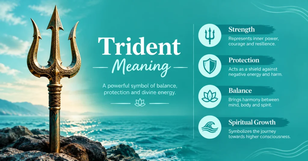 Trident meaning with an ornate trident by the ocean symbolizing strength, protection, balance, and higher purpose