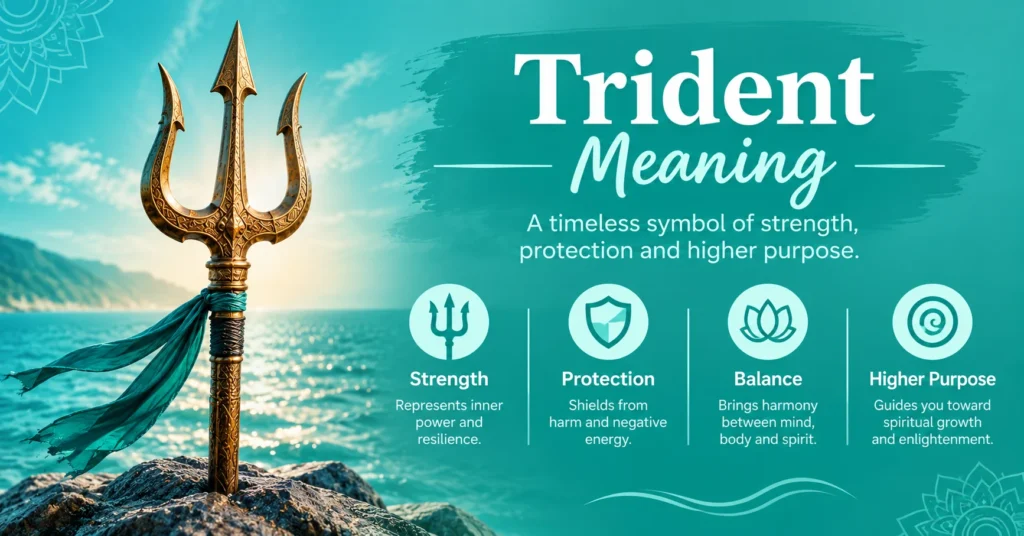 Trident meaning infographic showing strength, protection, balance, and spiritual growth with an ornate trident by the sea
