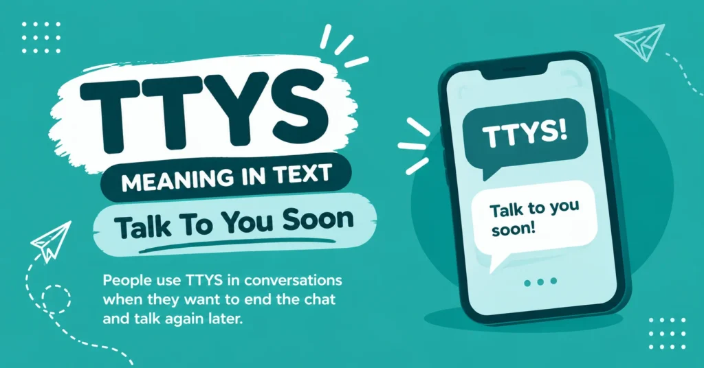 TTYS meaning — Talk To You Soon shown with a texting conversation and phone graphic.