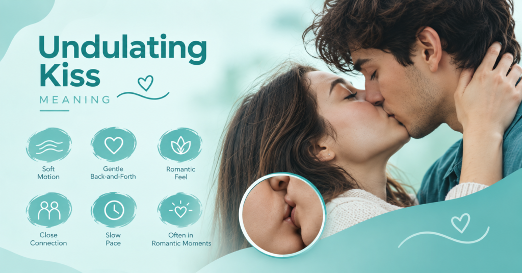 Undulating kiss meaning infographic showing soft motion, gentle back-and-forth movement, romantic feel, close connection, and slow pace.