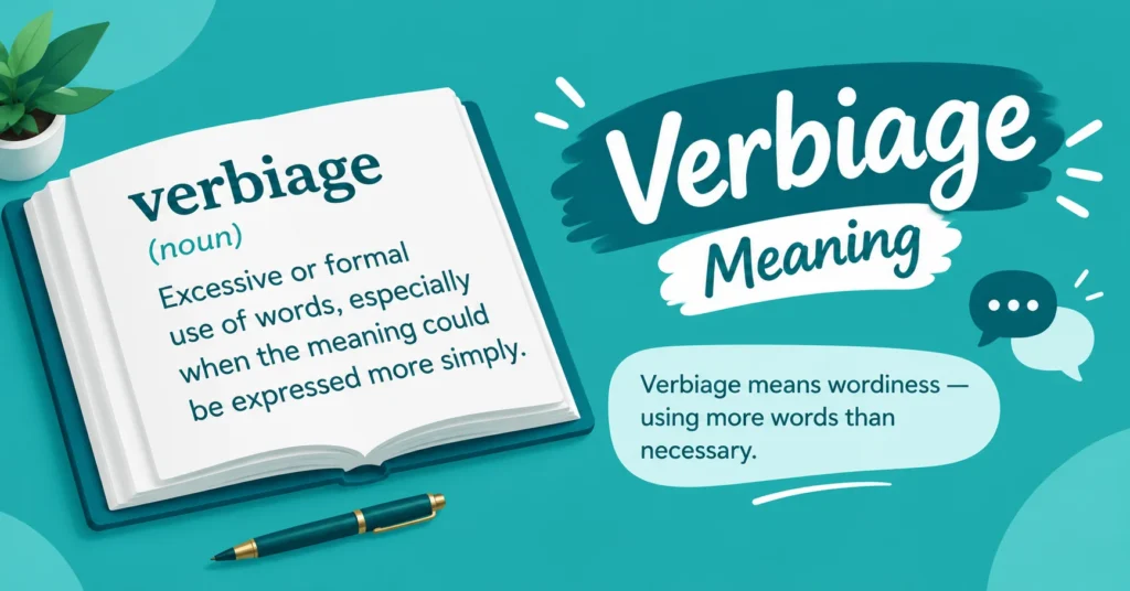 Verbiage meaning infographic showing the definition of verbiage as excessive or formal use of words, with an open book, pen, and speech bubbles in a teal background.
