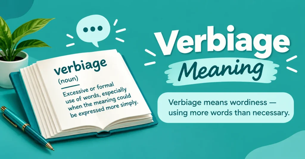 Verbiage meaning infographic explaining that verbiage means wordiness or using more words than necessary, with books, a notepad, lightbulb, and pen in a teal and aqua design.