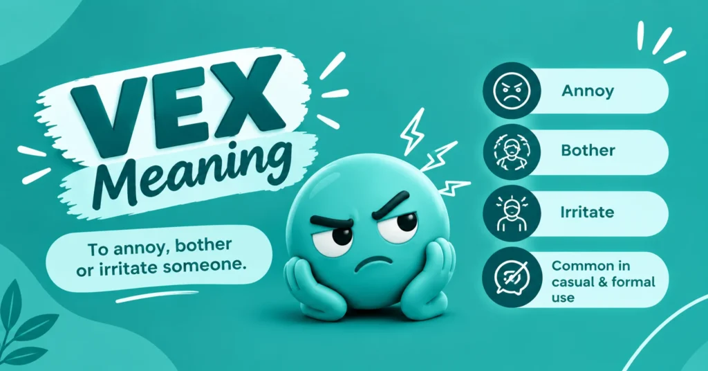 Vex meaning infographic showing “VEX” with a definition explaining to annoy, bother, or irritate someone.