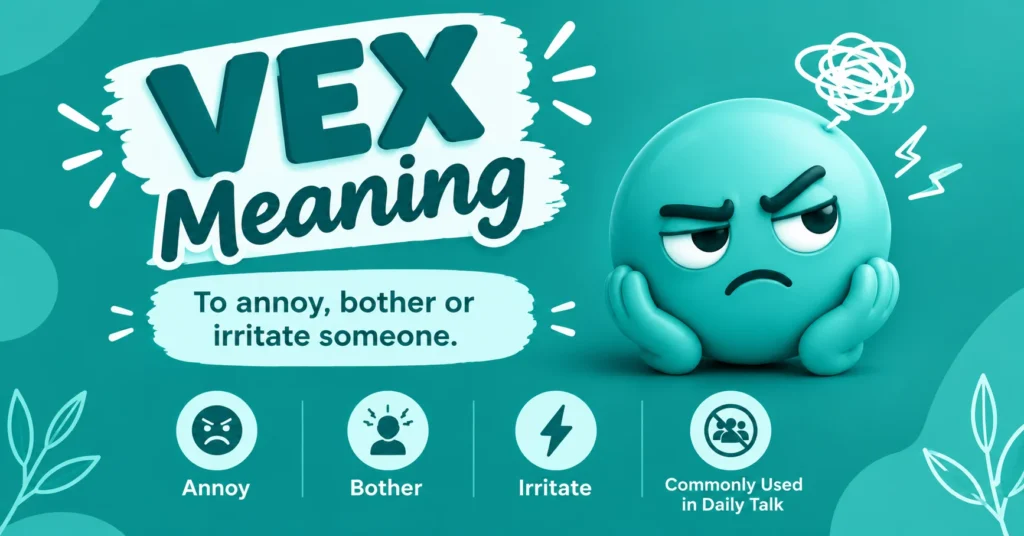 Vex meaning graphic featuring a frustrated emoji and icons representing annoy, bother, and irritate.