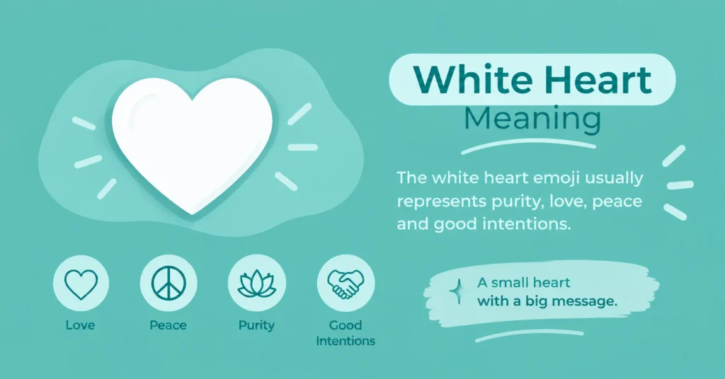 “White Heart Meaning infographic showing a white heart emoji symbolizing purity, love, peace, and good intentions.”