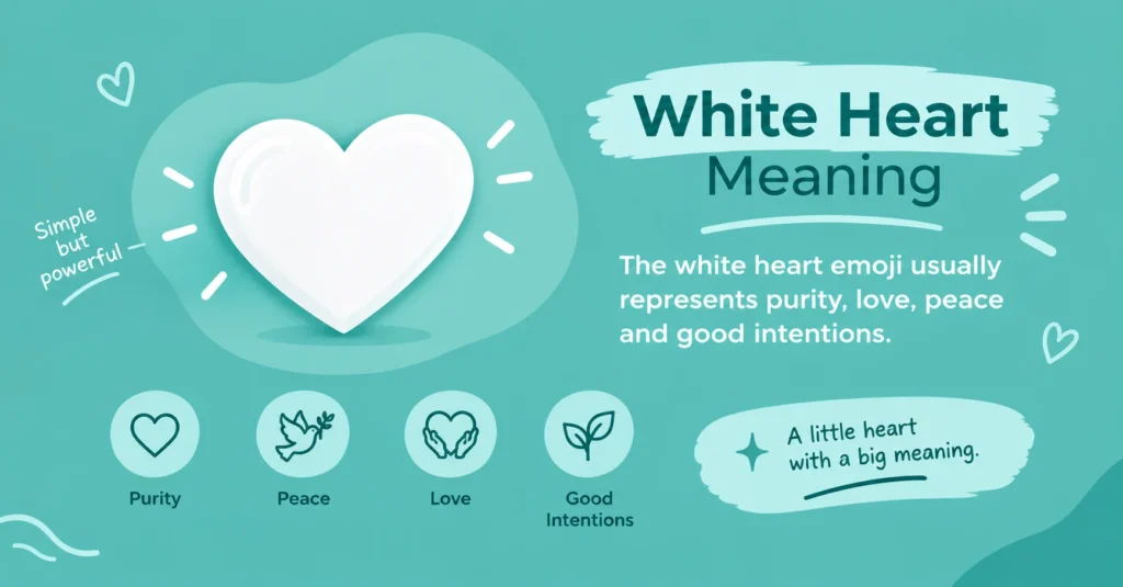 “White Heart Meaning graphic with a white heart and icons representing purity, peace, love, and good intentions.”